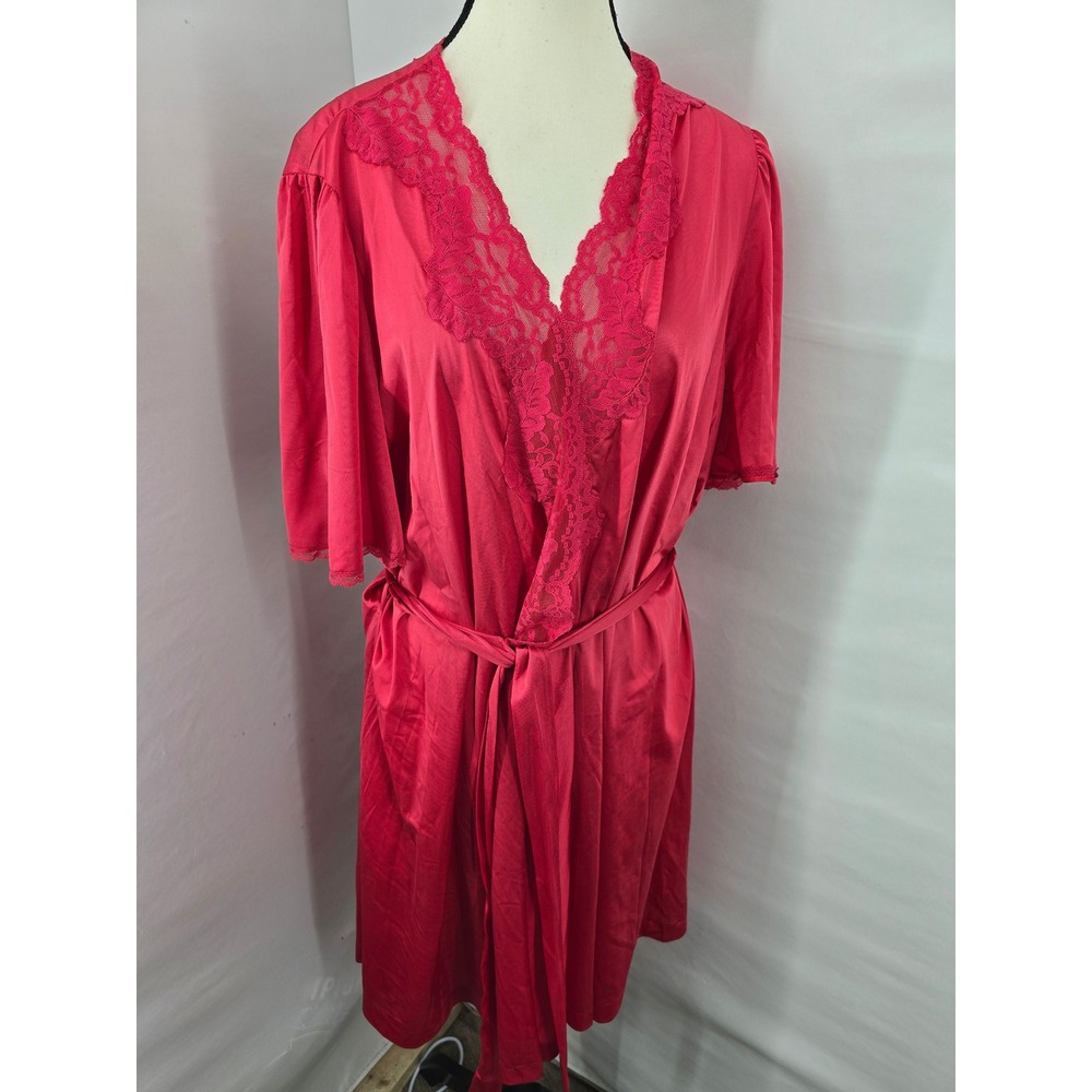 Lorraine Vintage Red Satin Lace Trim Robe Short Kimono Wrap USA Made 2X